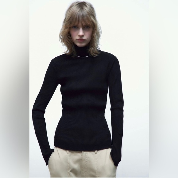 Zara Women Black Combination Turtleneck Long Sleeves Rib Tonal Appliqué Top Sz L - Picture 1 of 17